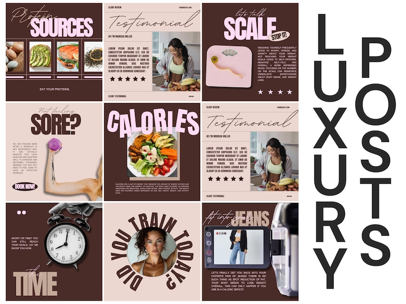 Puede incluir: Un collage de im&aacute;genes con superposiciones de texto relacionadas con la forma f&iacute;sica y la salud. Las im&aacute;genes incluyen un plato de comida, una persona haciendo ejercicio, una b&aacute;scula y una persona con jeans. El texto incluye frases como "Fuentes de prote&iacute;nas", "&iquest;No te sientes dolorido?", "Calor&iacute;as", "Hablemos de la b&aacute;scula", "&iquest;Entrenaste hoy?" y "En jeans".