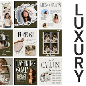 May include: A collection of lifestyle posters with text including "Minimalist Lifestyle", "Micro-Habits", "Level Up Routine", "Purpose", "Layering Goals", and "Girl Call Us!". The posters feature images of people and objects, with a color palette of olive green, beige, and white.