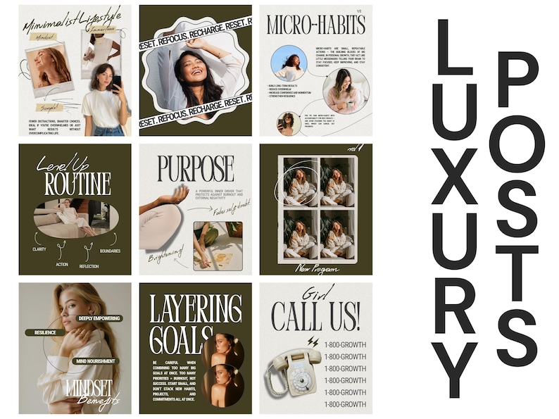 May include: A collection of lifestyle posters with text including "Minimalist Lifestyle", "Micro-Habits", "Level Up Routine", "Purpose", "Layering Goals", and "Girl Call Us!". The posters feature images of people and objects, with a color palette of olive green, beige, and white.
