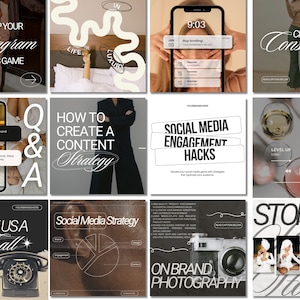 May include: A collage of nine Instagram story graphics with tips for creating engaging content. The graphics feature a variety of colors and fonts, including black, white, and gold. Some of the tips include "Step Up Your Instagram Stories Game", "How to Create a Content Strategy", "Social Media Engagement Hacks", and "On Brand Photography".