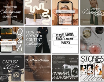Könnte beinhalten: Eine Collage aus neun Instagram-Story-Grafiken mit Tipps zum Erstellen von ansprechendem Content. Die Grafiken zeigen eine Vielzahl von Farben und Schriftarten, darunter Schwarz, Weiß und Gold. Einige der Tipps sind "Step Up Your Instagram Stories Game", "How to Create a Content Strategy", "Social Media Engagement Hacks" und "On Brand Photography".
