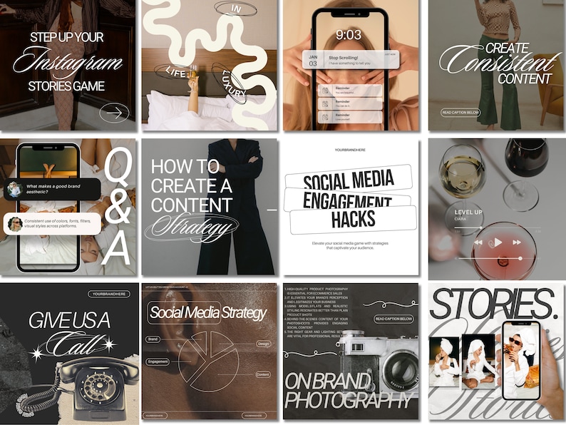 May include: A collage of nine Instagram story graphics with tips for creating engaging content. The graphics feature a variety of colors and fonts, including black, white, and gold. Some of the tips include "Step Up Your Instagram Stories Game", "How to Create a Content Strategy", "Social Media Engagement Hacks", and "On Brand Photography".