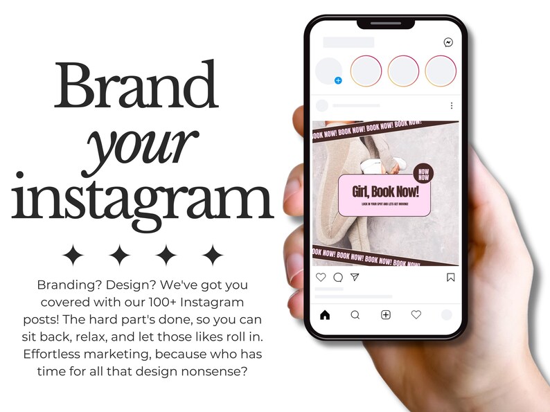 Puede incluir: Un tel&eacute;fono inteligente que muestra una publicaci&oacute;n de redes sociales con un gr&aacute;fico rosa y marr&oacute;n que dice "Girl, Book Now!" La publicaci&oacute;n est&aacute; sobre un fondo blanco con un patr&oacute;n de rayas marrones y blancas.