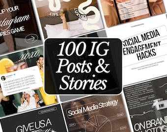Könnte beinhalten: Eine Collage aus Bildern mit Tipps für die Erstellung ansprechender Social-Media-Inhalte. Die Bilder zeigen eine Vielzahl von Themen, darunter die Bedeutung von Bildunterschriften, Social-Media-Strategie und Markenfotografie. Der Text "100 IG Posts & Stories" ist prominent in der Mitte der Collage platziert.