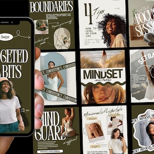 Könnte beinhalten: Ein Smartphone zeigt eine Reihe von Social-Media-Posts mit Texten wie "Gezielte Gewohnheiten", "Grenzen" und "Mindset-Fehler". Die Beiträge zeigen Bilder von Menschen und Textüberlagerungen, die Lifestyle- und Selbstverbesserungsinhalte bewerben.