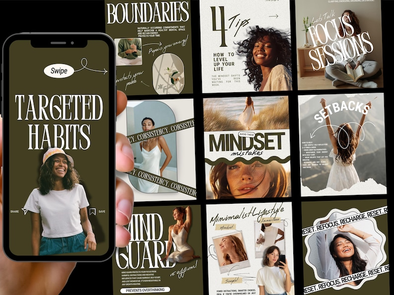 May include: A smartphone displays a series of social media posts with text like "Targeted Habits," "Boundaries," and "Mindset Mistakes." The posts feature images of people and text overlays, promoting lifestyle and self-improvement content.