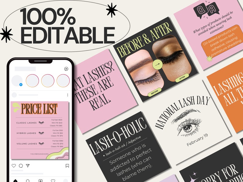 May include: A pink and yellow price list for classic, hybrid, and volume lashes. The price list is on a phone screen with a pink background. The text "PRICE LIST" is in a bold, black font. The text "CLASSIC LASHES", "HYBRID LASHES", and "VOLUME LASHES" are in a black font. The text "Full Set &pound;120", "Mini Fill &pound;40", "Classic Fill &pound;60", "Full Set &pound;150", "Mini Fill &pound;70", "Classic Fill &pound;90", "Full Set &pound;280", "Mini Fill &pound;120", "Classic Fill &pound;170" is in a white font.