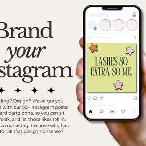 May include: A smartphone displaying a social media post with a green background and the text "LASHES SO EXTRA, SO ME." with pink and orange star stickers. The post is on a mobile phone in a hand.