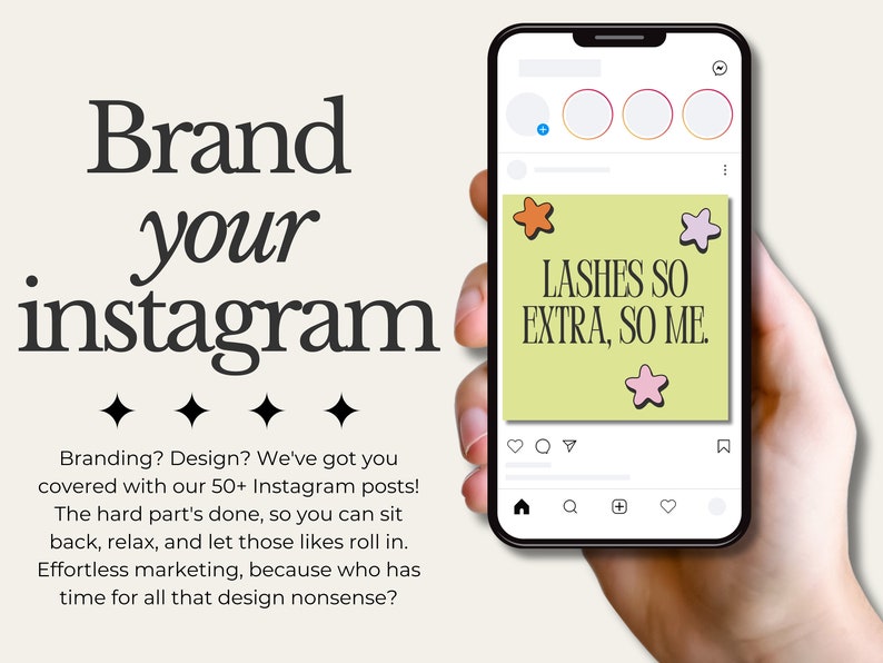 May include: A smartphone displaying a social media post with a green background and the text "LASHES SO EXTRA, SO ME." with pink and orange star stickers. The post is on a mobile phone in a hand.