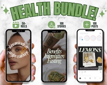 May include: Three smartphone screens showing different social media posts. The first screen shows a woman's face with text that says "Skincare is selfcare". The second screen shows a person holding a green smoothie with text that says "Benefits Intermitten Fasting". The third screen shows a post about lemons with the text "Lemons" and "Drink up!" The text at the top of the image says "Health Bundle! for the it girls" and includes icons for reels, stories, and posts.