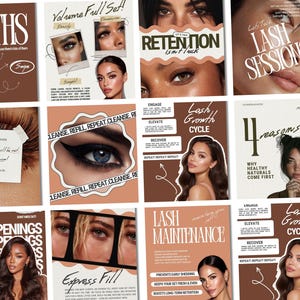 Könnte beinhalten: Eine Collage von Werbeplakaten für Schönheit und Wimpernpflege in Braun- und Beigetönen. Die Plakate zeigen Bilder von Augen, Gesichtern und Texten, die für Wimperndienste werben, darunter "Lash Sessions" und "Lash Maintenance".