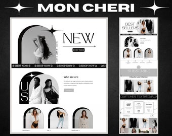 May include: A website homepage for an online clothing store called "Mon Cheri". The website features a black and white color scheme with a modern design. The homepage includes a "New" section with a model wearing a white bra and black underwear, a "Best Sellers" section with a model wearing a black bra and underwear, and a "Who We Are" section with a description of the company.