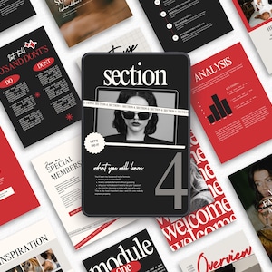 以下が含まれることがあります： 「section」の文字とサングラスをかけた女性が描かれた黒いタブレットを中心としたマーケティング資料のコレクション。周囲の資料は赤と黒で、テキストとグラフィックが含まれており、コースやワークショップを宣伝している可能性があります。