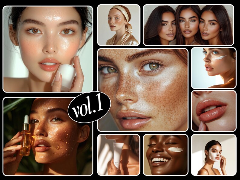 May include: A collage of images featuring close-ups of faces with various skin care products. The images showcase different skin tones and textures, highlighting the effects of skincare routines. The text "vol. 1" is displayed in the center of the collage.