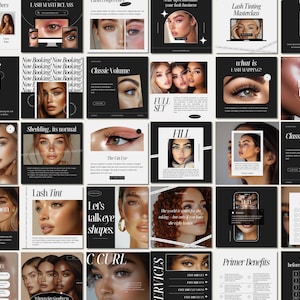 May include: A collage of Instagram posts promoting lash services. The posts feature close-up photos of eyes with different lash styles, including classic volume, volume lashes, and lash tinting. The posts also include text about lash services, such as "Lash Masterclass", "What is Lash Mapping?", and "Shedding... it's normal".