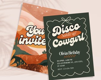 Disco Cowgirl Birthday Invite, Western Birthday Invite Template, Canva Invitation Template, Western Birthday Invite, Retro Western Invite