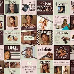 May include: A collage of images promoting spray tanning services. The images feature models with different skin tones and highlight various aspects of the tanning process, including pre-tan prep, shade matching, maintenance, and exfoliation. The text "Tan" and "Tan Longevity" are featured in the collage.