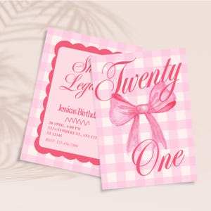 21st Birthday Invite Template, Coquette Birthday Invite Template, Canva Invitation Template, Pink Bow Invitation, 21st Birthday Template