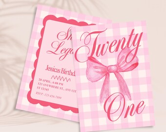 21st Birthday Invite Template, Coquette Birthday Invite Template, Canva Invitation Template, Pink Bow Invitation, 21st Birthday Template