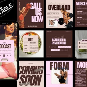 Puede incluir: Una colecci&oacute;n de nueve plantillas de historias de Instagram para contenido de fitness y salud. Las plantillas presentan una variedad de colores, incluyendo rosa, marr&oacute;n y negro. El texto en las plantillas incluye frases como "Ll&aacute;manos ahora", "Crecimiento muscular", "C&oacute;mo establecer una rutina de gimnasio", "Forma" y "Movilidad".
