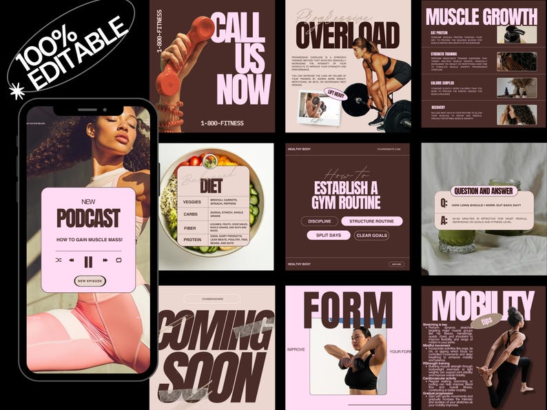 Puede incluir: Una colecci&oacute;n de nueve plantillas de historias de Instagram para contenido de fitness y salud. Las plantillas presentan una variedad de colores, incluyendo rosa, marr&oacute;n y negro. El texto en las plantillas incluye frases como "Ll&aacute;manos ahora", "Crecimiento muscular", "C&oacute;mo establecer una rutina de gimnasio", "Forma" y "Movilidad".