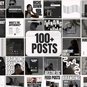 Könnte beinhalten: Eine Collage aus Schwarzweißbildern mit Textüberlagerungen. Die Bilder beinhalten eine Vielzahl von Themen rund um Social-Media-Marketing, Branding und Content Creation. Der Text enthält Sätze wie "Niche Down", "Branding Matters", "Content Ideas", "100+ Posts" und "99 Problems, But TikTok Ain't One".