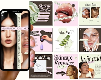 May include: A collage of images promoting skincare products and routines. The images feature close-ups of faces, skincare ingredients, and text about skincare benefits, double cleansing, aloe vera, salicylic acid, skincare remedies, kojic acid, and sensitive skin.