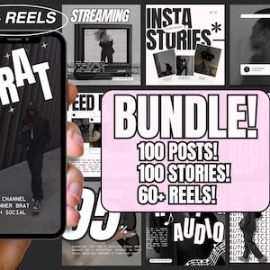 May include: A pink and black graphic design with the text "BUNDLE! 100 POSTS! 100 STORIES! 60+ REELS!"  The design also includes the text "AUDIO" and "INSTA STORIES" in black and white.