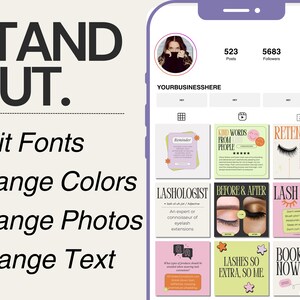 May include: A screenshot of an Instagram profile for a lash business. The profile has 523 posts, 5,683 followers, and 3,731 following. The profile picture is a woman with dark hair and a black shirt. The profile name is YOURBUSINESSHERE. The profile has a grid of nine images, each with a different design. The images include text such as "Reminder", "Kind Words From People", "Retention", "Lash Care", "Lash Artist", "Before & After", "Lash Care", "Lash Extensions", "Book Now".