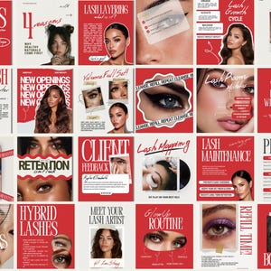 May include: A series of red and white promotional graphics for lash services. Each graphic highlights a different aspect, such as lash myths, layering, growth cycles, and maintenance. The graphics feature images of eyes and faces.