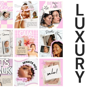 May include: A collage of pink and white themed beauty product advertisements. The ads feature images of people, text, and product names. The word "Love" is at the top left, and "Luxury Posts" is on the right.