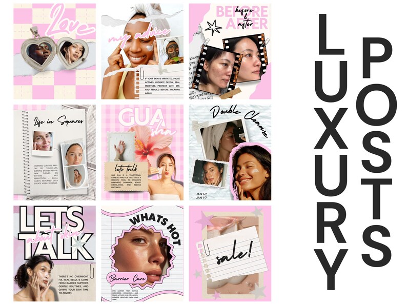 May include: A collage of pink and white themed beauty product advertisements. The ads feature images of people, text, and product names. The word "Love" is at the top left, and "Luxury Posts" is on the right.