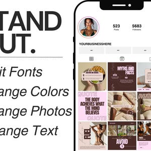 Puede incluir: Una captura de pantalla de un tel&eacute;fono m&oacute;vil que muestra un perfil de redes sociales con una cuadr&iacute;cula de nueve im&aacute;genes. El perfil tiene un esquema de color rosa y marr&oacute;n y presenta im&aacute;genes relacionadas con el fitness y la salud. El nombre del perfil es "YOURBUSINESSHERE". El texto "QUOTE THE BODY ACHIEVES WHAT THE MIND BELIEVES QUOTE" se muestra en un fondo rosa. El texto "MYTHS AND FACTS" se muestra en un fondo marr&oacute;n. El texto "OVERTRAINING SIGNS THAT YOU ARE OVERTRAINING" se muestra en un fondo marr&oacute;n. El texto "FUEL" se muestra en un fondo rosa. El texto "AVOID 1" se muestra en un fondo marr&oacute;n. El texto "This & Yap" se muestra en un fondo rosa.
