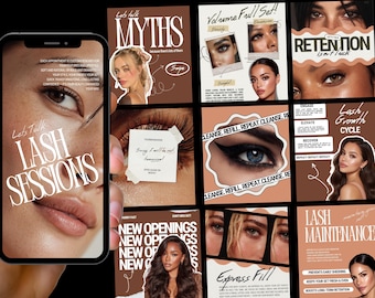 May include: A collage of promotional images for lash services. The central image is a phone displaying "Lash Sessions." Other images discuss myths, volume sets, retention, and maintenance. The color scheme is primarily brown and beige.