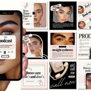 May include: A collage of nine Instagram-style images promoting eyebrow services. The images feature models with different eyebrow shapes, a podcast icon, a phone, and text about eyebrow care, products, and booking appointments. The text includes phrases like "80/20 rule", "straight eyebrows", "brow care do's and don'ts", "products understanding", "girl, call me", and "book now".