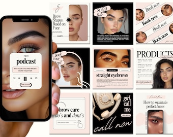 May include: A collage of nine Instagram-style images promoting eyebrow services. The images feature models with different eyebrow shapes, a podcast icon, a phone, and text about eyebrow care, products, and booking appointments. The text includes phrases like "80/20 rule", "straight eyebrows", "brow care do's and don'ts", "products understanding", "girl, call me", and "book now".