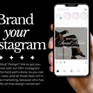 May include: A smartphone displaying an Instagram post with a black and white photo of a person sitting on a chair. The text on the post reads "WHY YOUR Social Media ISN'T GROWING". The caption below the image reads "Branding? Design? We've got you covered with our 100+ Instagram posts! The hard part's done, so you can sit back, relax, and let those likes roll in. Effortless marketing, because who has time for all that design nonsense?"
