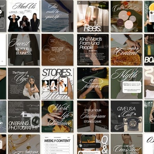 May include: A collage of 18 Instagram story graphics with tips for growing a business on social media. The graphics feature text, images, and illustrations. Some of the topics covered include investing in your business, creating content, and building a following.