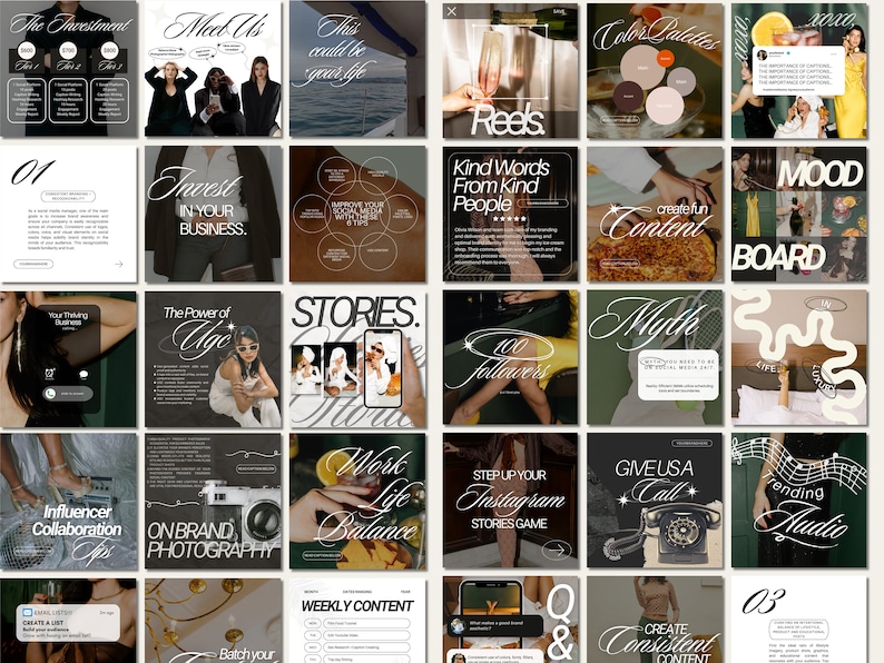 May include: A collage of 18 Instagram story graphics with tips for growing a business on social media. The graphics feature text, images, and illustrations. Some of the topics covered include investing in your business, creating content, and building a following.