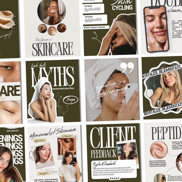 May include: A collage of skincare-themed graphics on a dark green background. The images include text like "SPF", "Skin Cycling", and "Double Cleansing". Other graphics feature women with skincare products and text such as "Skincare Mistakes" and "Client Feedback".