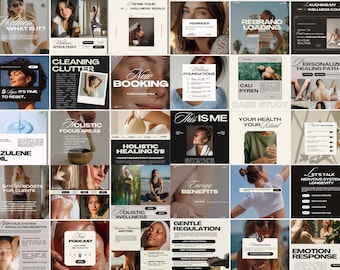May include: A collage of social media posts with a wellness theme. The posts feature images of people, text overlays with phrases like "Wellness," "Holistic Healing," and "Energy Benefits," and various design elements.