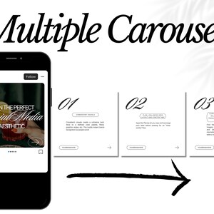 May include: A black and white graphic with the text "Multiple Carousels" at the top. Below the text are three white squares with black text. The first square has the number "01" and the text "Consistent visuals create a cohesive look. Stick to a defined color palette, filter, graphic style, etc. This helps ensure brand recognition as people scroll.". The second square has the number "02" and the text "Plan a balanced grid layout and content mix. Apps like Planoly can help you rearrange your feed before posting for an aesthetically pleasing flow.". The third square has the number "03" and the text "Curate an intentional product and educational mix. Find the ideal ratio of lifestyle images, product shots, graphics and educational content. The essentials with your audience to see can't be off-putting."