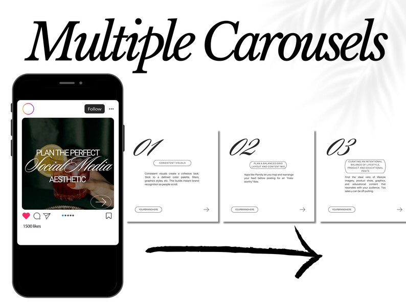 May include: A black and white graphic with the text "Multiple Carousels" at the top. Below the text are three white squares with black text. The first square has the number "01" and the text "Consistent visuals create a cohesive look. Stick to a defined color palette, filter, graphic style, etc. This helps ensure brand recognition as people scroll.". The second square has the number "02" and the text "Plan a balanced grid layout and content mix. Apps like Planoly can help you rearrange your feed before posting for an aesthetically pleasing flow.". The third square has the number "03" and the text "Curate an intentional product and educational mix. Find the ideal ratio of lifestyle images, product shots, graphics and educational content. The essentials with your audience to see can't be off-putting."