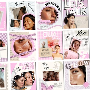 May include: A collage of pink-themed skincare product advertisements. The images feature close-ups of faces, product shots, and text like "Skin," "Double Cleanse," "Whats Hot," "Let's Talk," "Retinol," "Gua Sha," "Xoxo," and "Glow."
