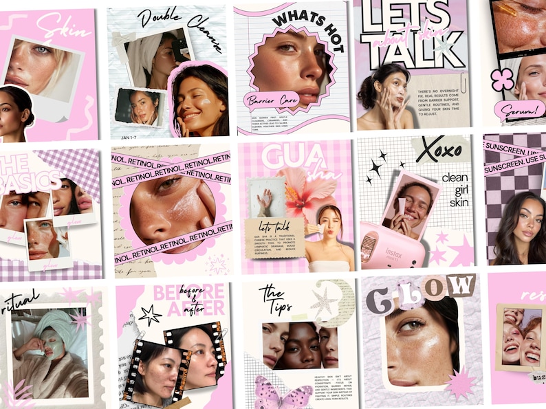 May include: A collage of pink-themed skincare product advertisements. The images feature close-ups of faces, product shots, and text like "Skin," "Double Cleanse," "Whats Hot," "Let's Talk," "Retinol," "Gua Sha," "Xoxo," and "Glow."