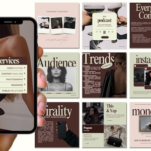 May include: A collage of nine Instagram posts with brown and beige backgrounds. The posts feature text about social media marketing, including "services", "audience", "trends", "instagram", "virality", "program", "this & yap", "monetize", and "evergreen content".