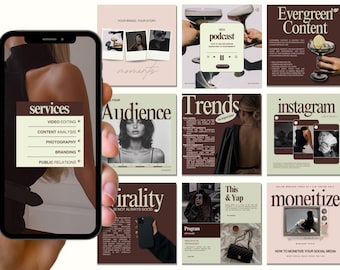 Może przedstawiać: Kolaż dziewięciu postów na Instagramie z brązowym i beżowym tłem. Posty zawierają tekst o marketingu w mediach społecznościowych, w tym "usługi", "publiczność", "trendy", "instagram", "wiralność", "program", "to & yap", "monetyzacja" i "wiecznie zielony content".