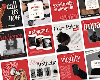 May include: A collection of red and black social media marketing graphics. The graphics feature text like "call us now," "new podcast," "social media is always in," and "instagram." Other graphics include the words "audience," "color palette," and "virality."
