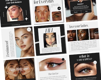 May include: A collage of nine images promoting lash services. The images feature close-ups of eyes with different lash styles, including classic lashes, volume lashes, and lash lifts. The images also include text about lash mapping, lash fills, and testimonials. The images are in a black and white color scheme with a modern and minimalist design.