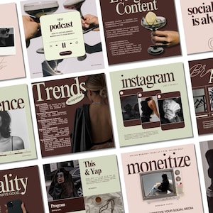 Può includere: Un collage di nove quadrati in stile Instagram con sfondi marroni e beige. I quadrati contengono testo e immagini relative al marketing sui social media, tra cui le parole "Pubblico", "Tendenze", "Instagram", "Monetizzare", "Viralità", "Contenuto", "Podcast", "Estetica del marchio" e "Servizi".